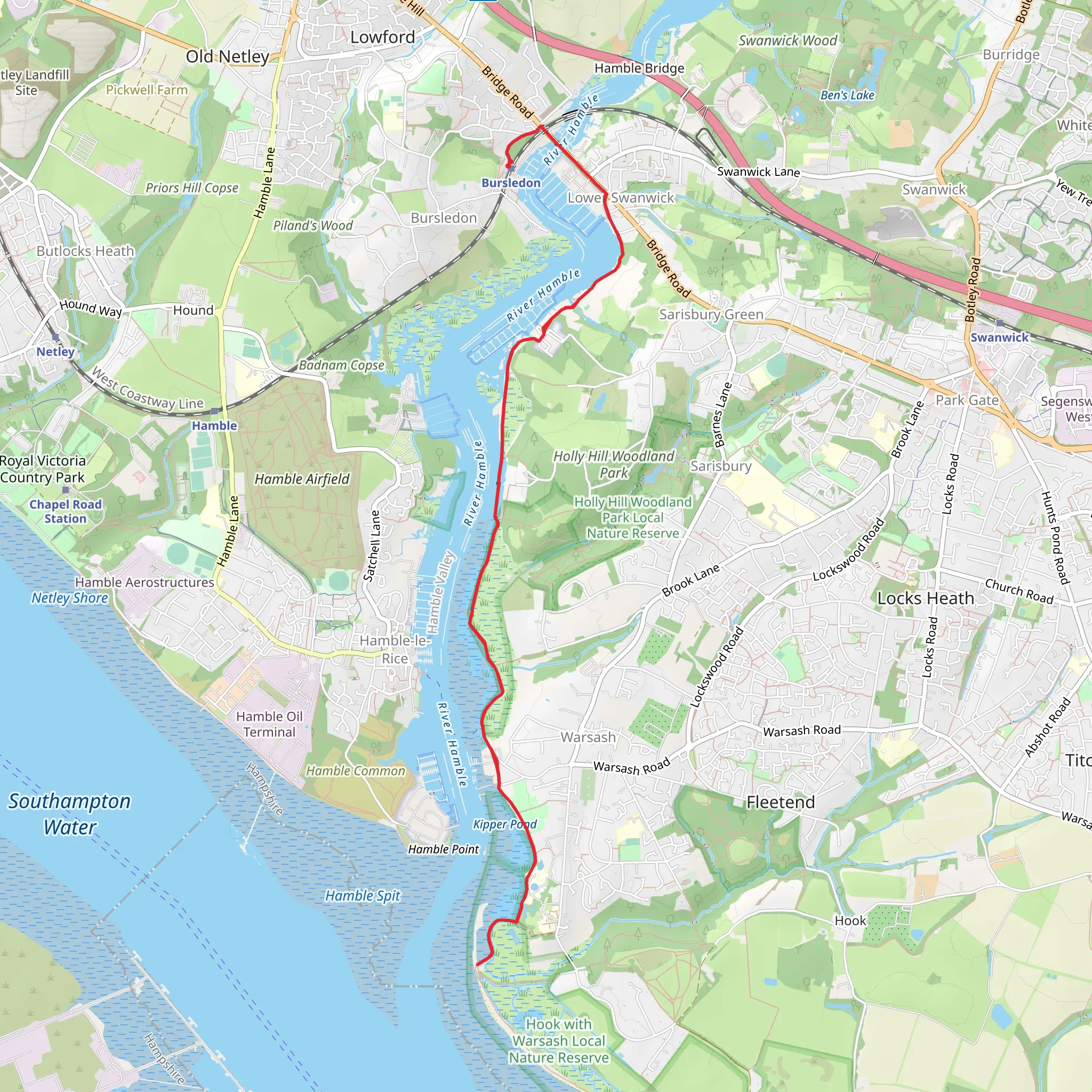 Warsash Coastal Path and River Hamble Walk - Bursledon mobile static map