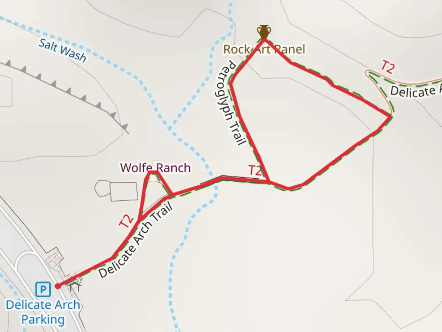 An image depicting the trail Delicate Arch Trail and Petroglyph Trail and its surrounding area.