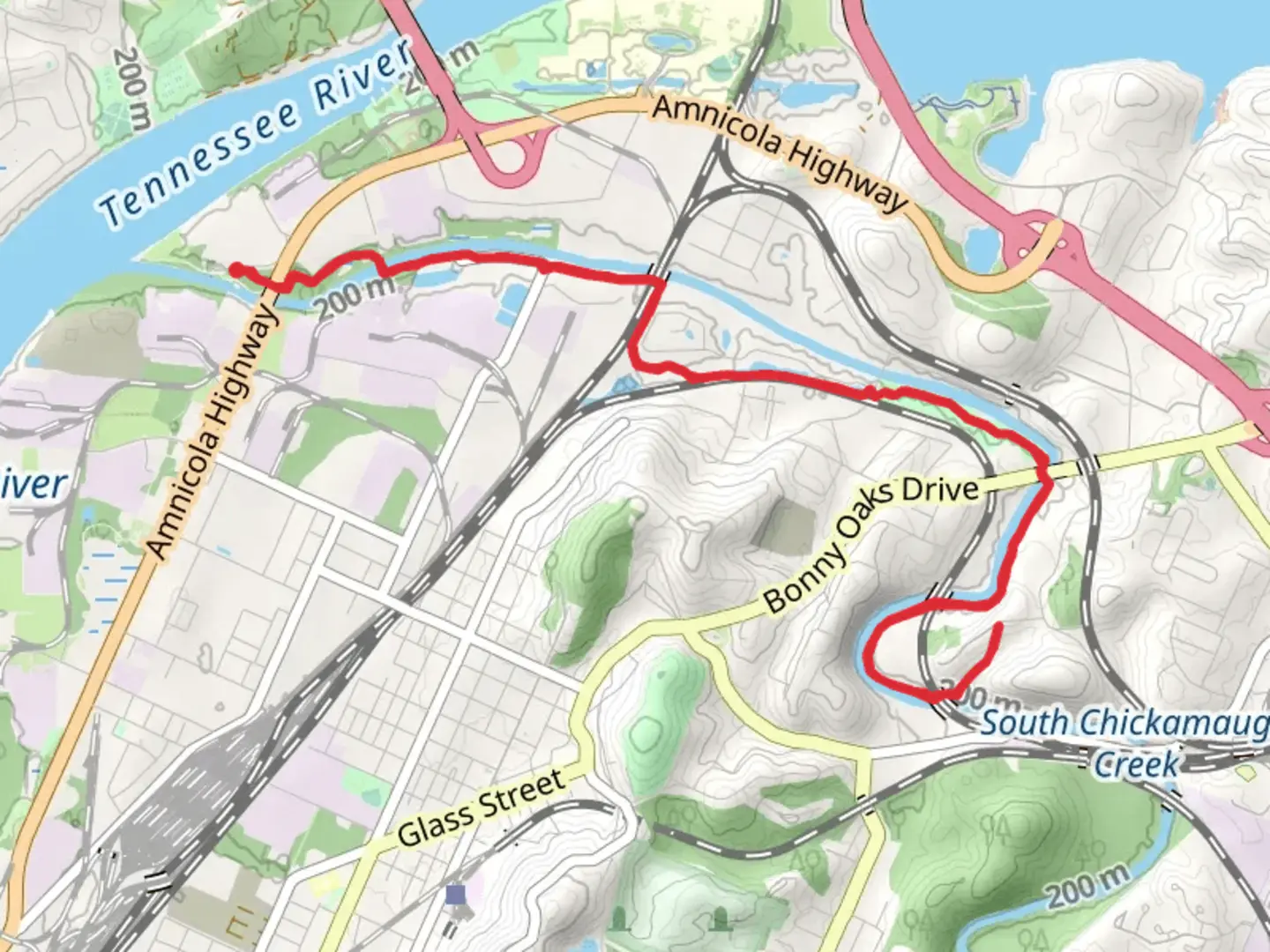 An image depicting the trail South Chickamauga Creek Greenway and its surrounding area.