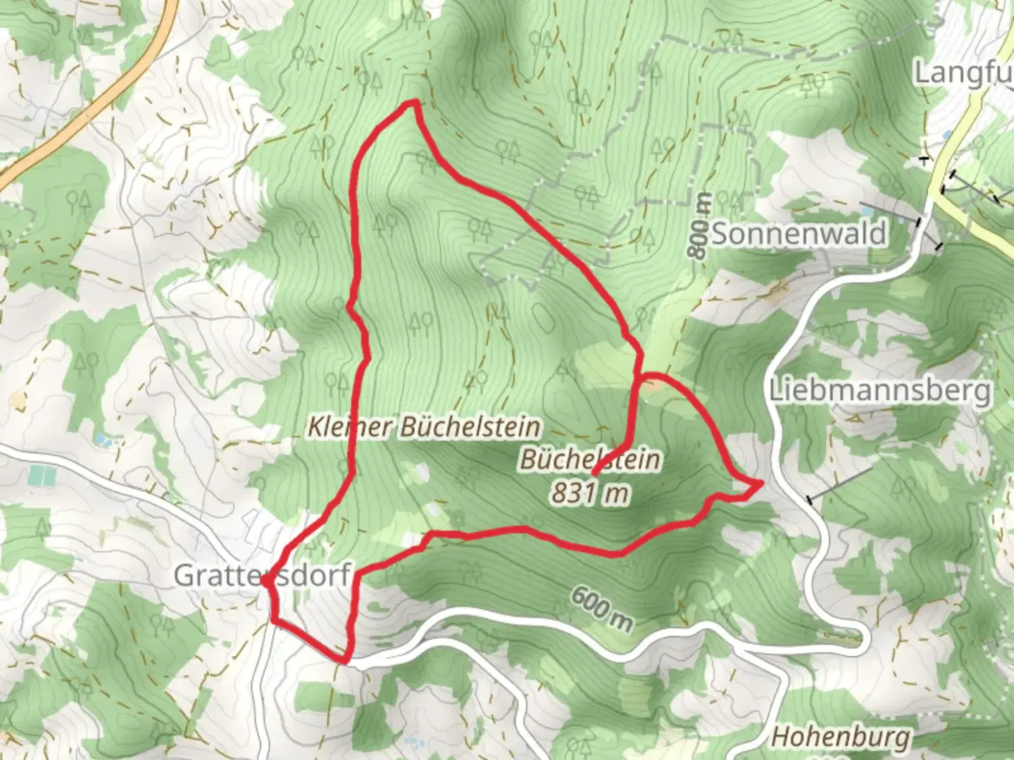 An image depicting the trail Büchelstein Peak Loop from Grattersdorf and its surrounding area.