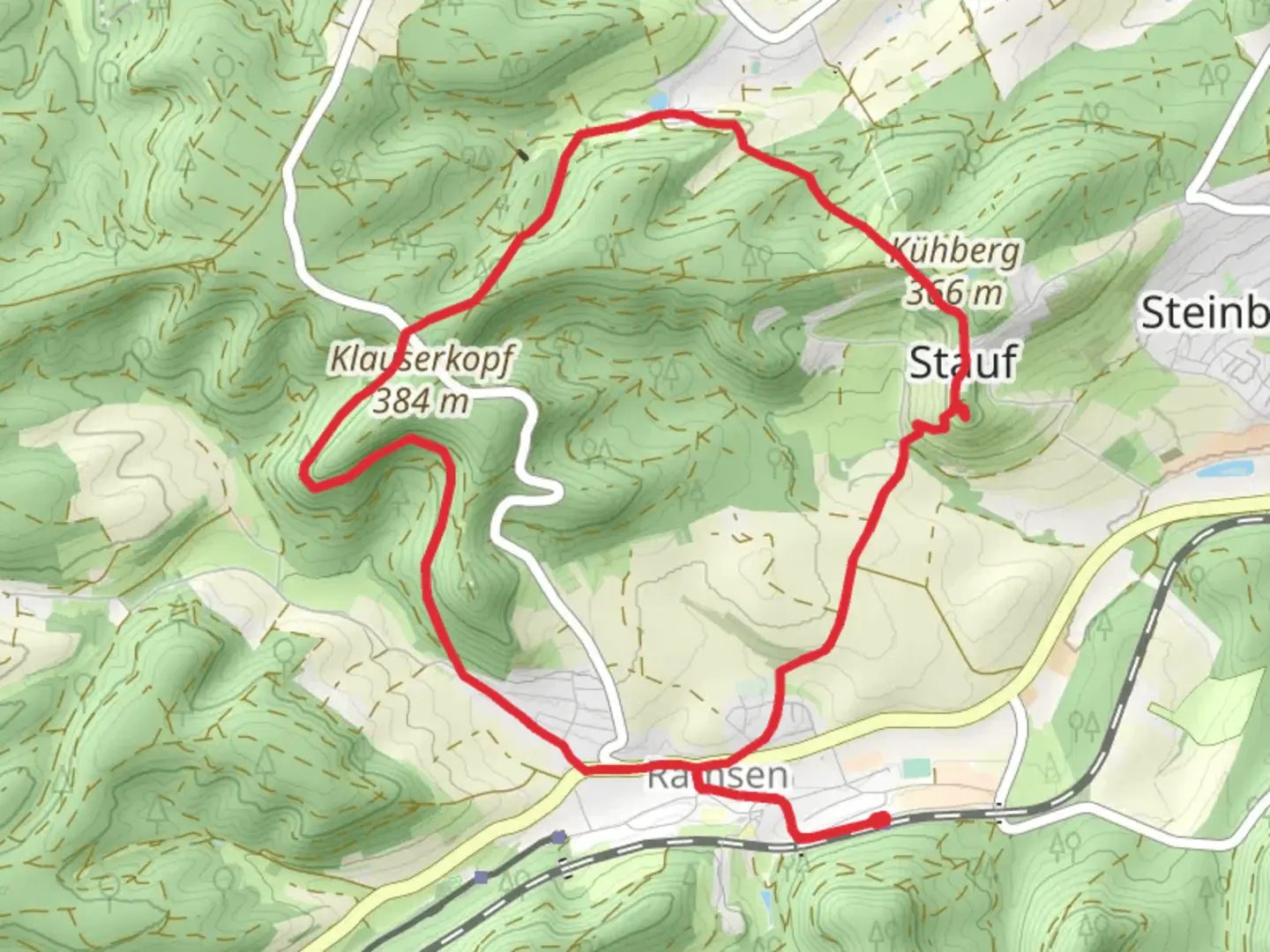 An image depicting the trail Mennonitenfriedhof and Schloßerg Loop via Ripperterstraße - Ramsen and its surrounding area.