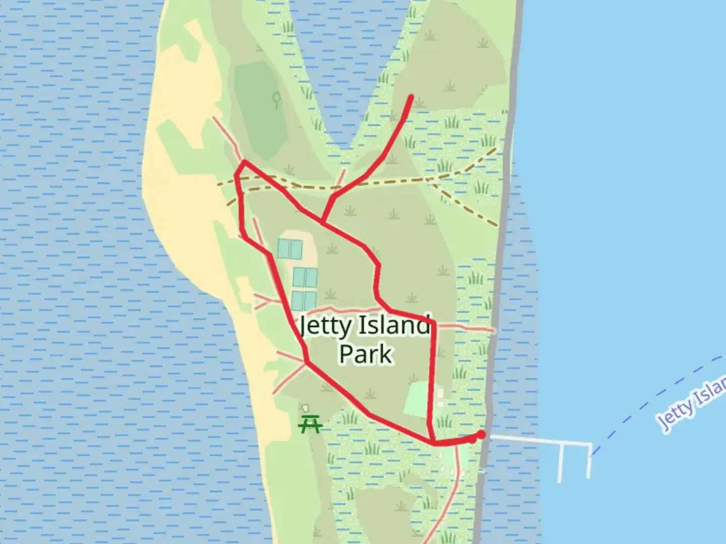 An image depicting the trail Jetty Island Park Loop and its surrounding area.