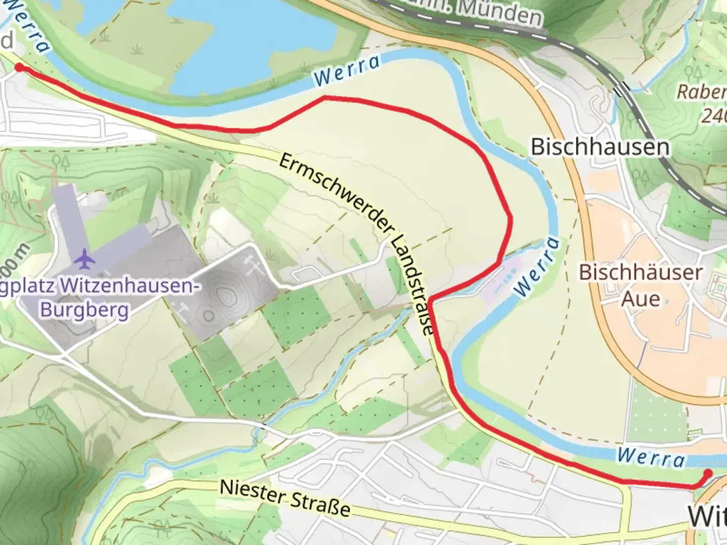 An image depicting the trail Ermschwerd to Bootsanleger via Werra and its surrounding area.