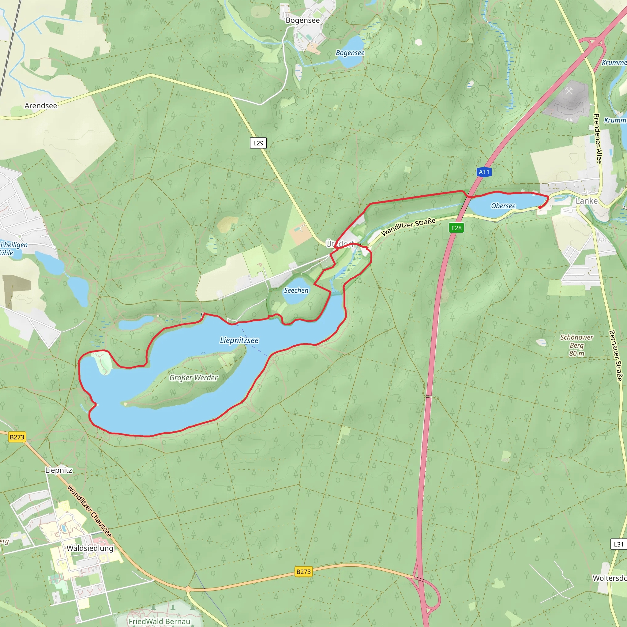 Obersee and Liepnitzsee via Liepnitzsee Rundweg mobile static map