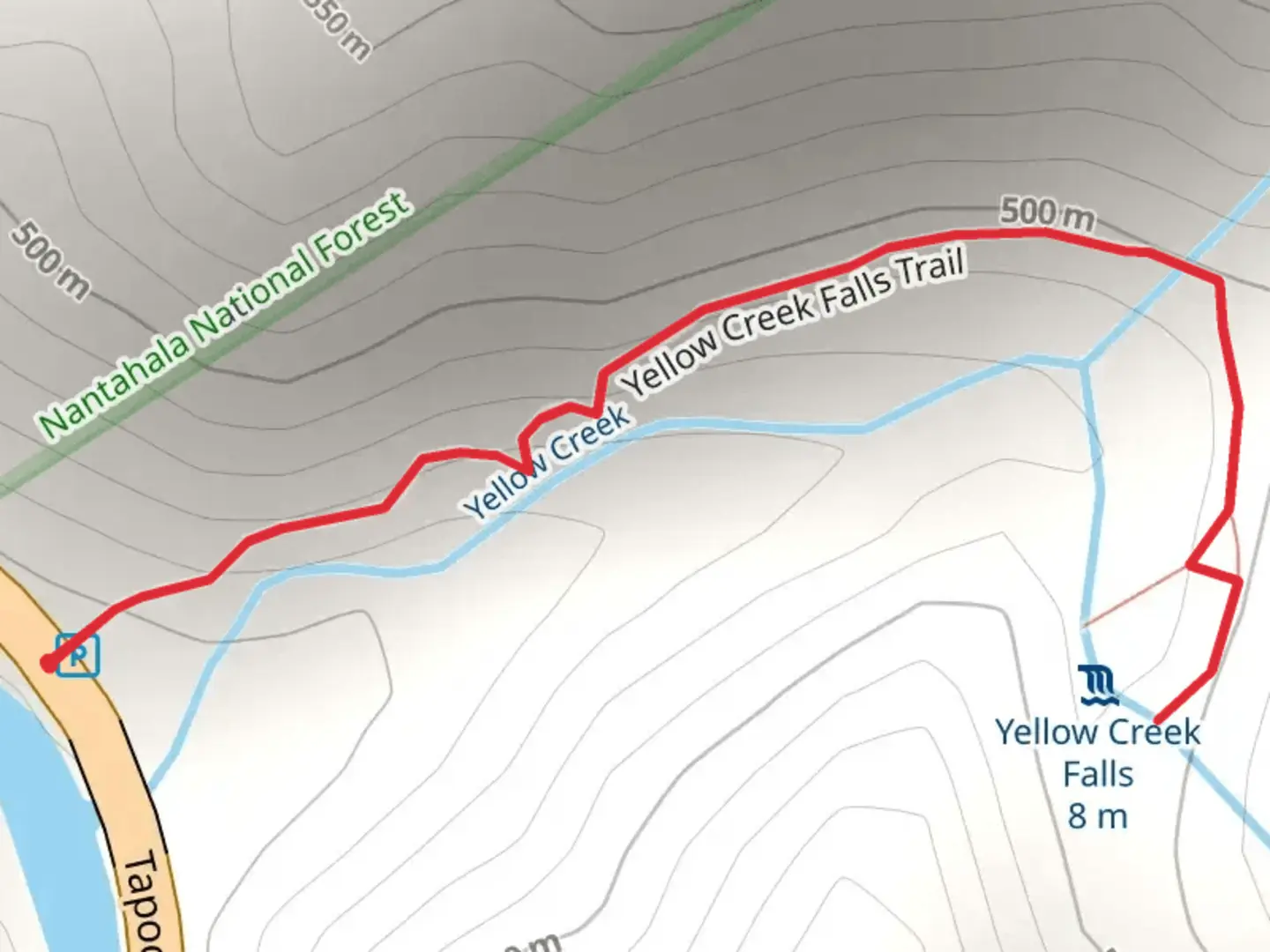 An image depicting the trail Yellow Creek Falls and its surrounding area.