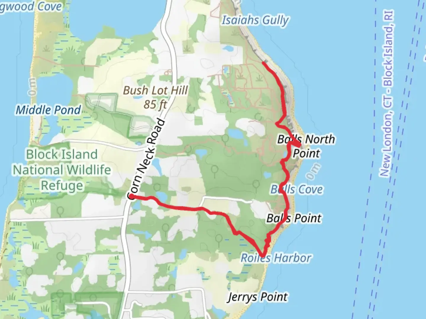 An image depicting the trail Little Sachem Pond, Balls Cove and Roiles Harbor via Clayhead Trail and its surrounding area.