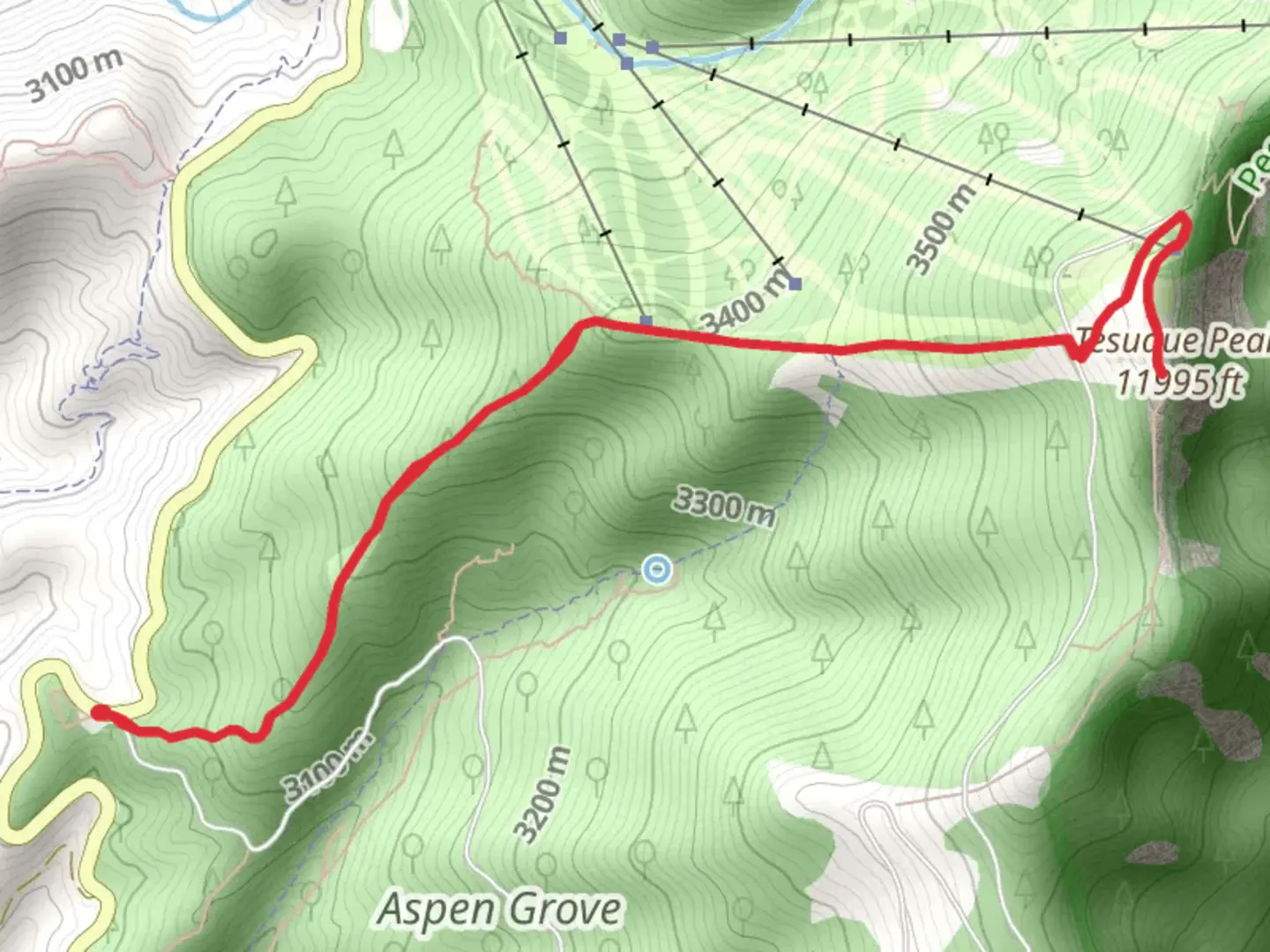 An image depicting the trail Tesuque Peak via Alamos Vista and its surrounding area.