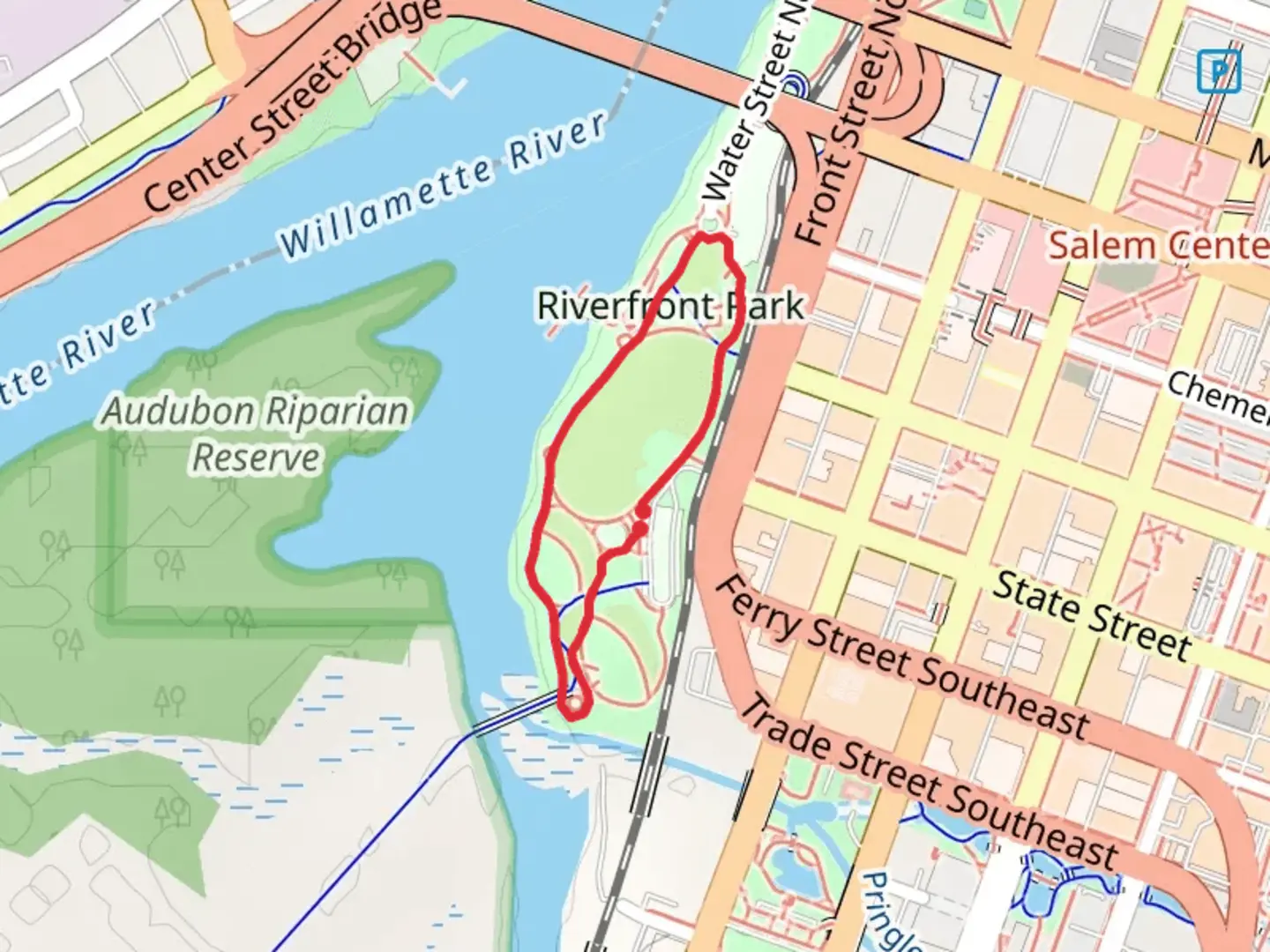 An image depicting the trail Riverfront Park Loop and its surrounding area.