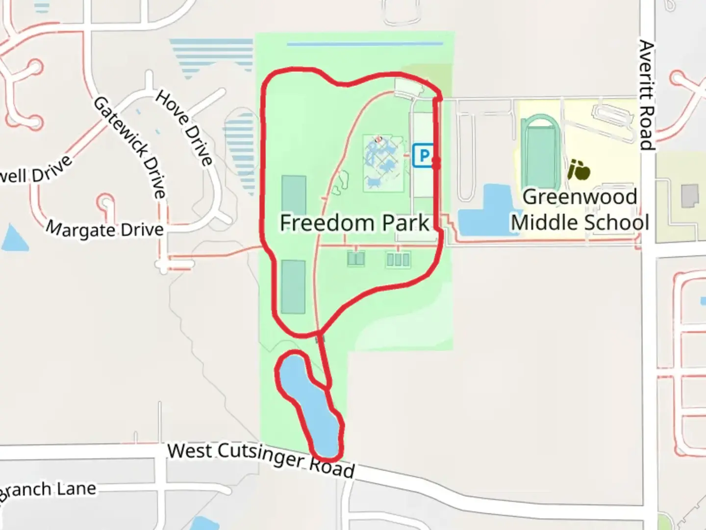 An image depicting the trail Freedom Park Loop and its surrounding area.