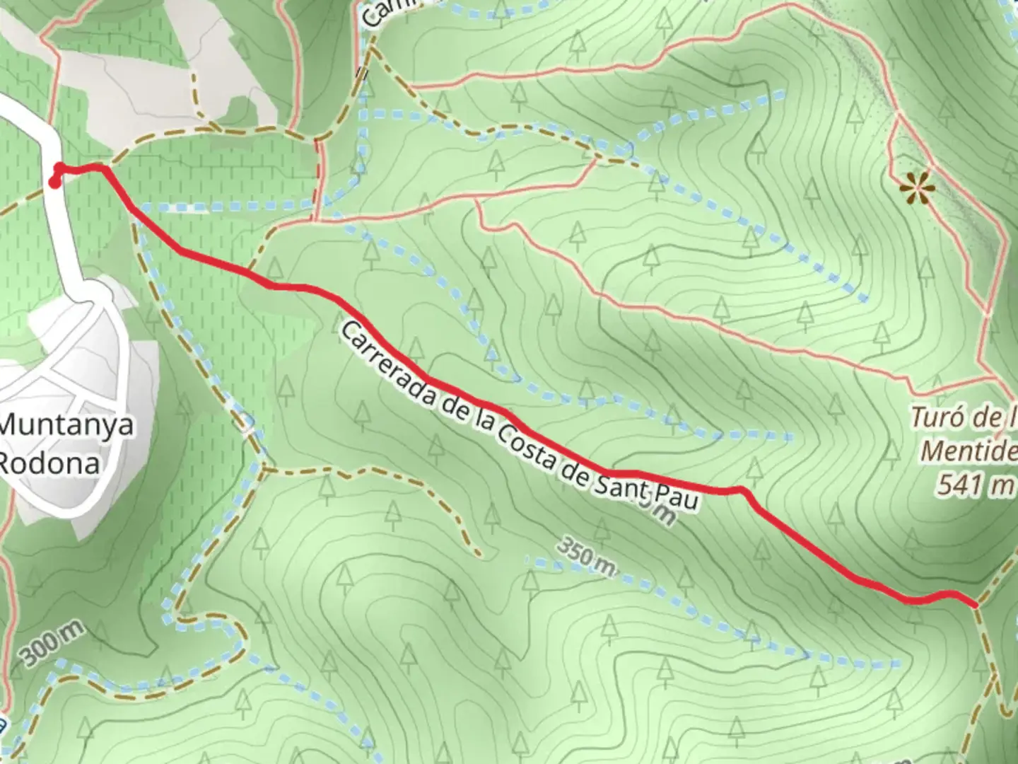 An image depicting the trail Variant of the Montanya Rodona PR C 156 - 1 and its surrounding area.