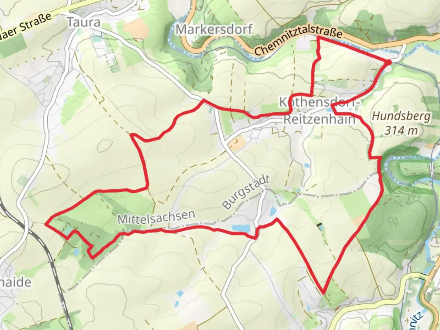 An image depicting the trail Köthensdorf-Reitzenhain and Herrenhaide Loop and its surrounding area.