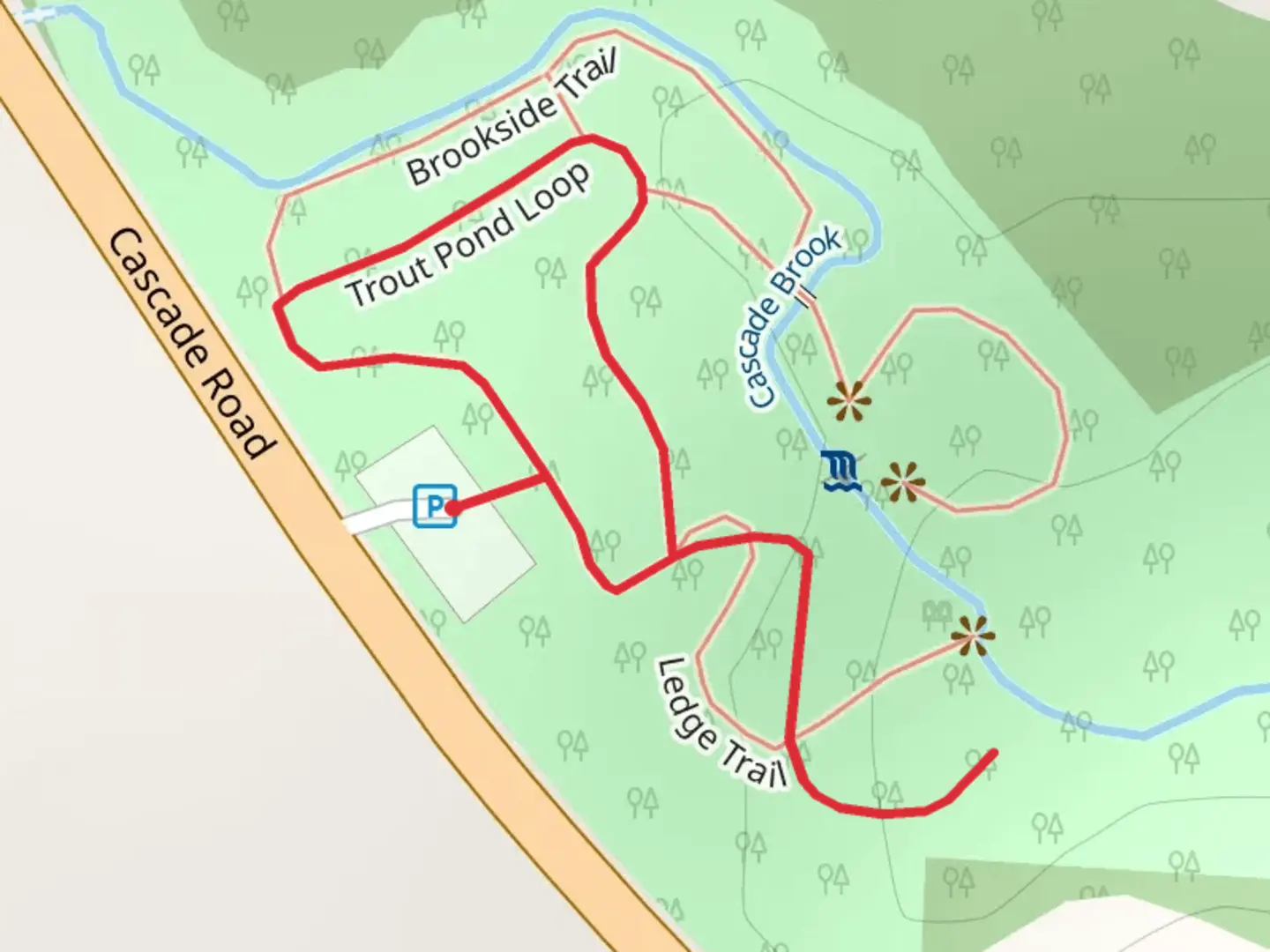 An image depicting the trail Cascade Falls Preserve Loop and its surrounding area.