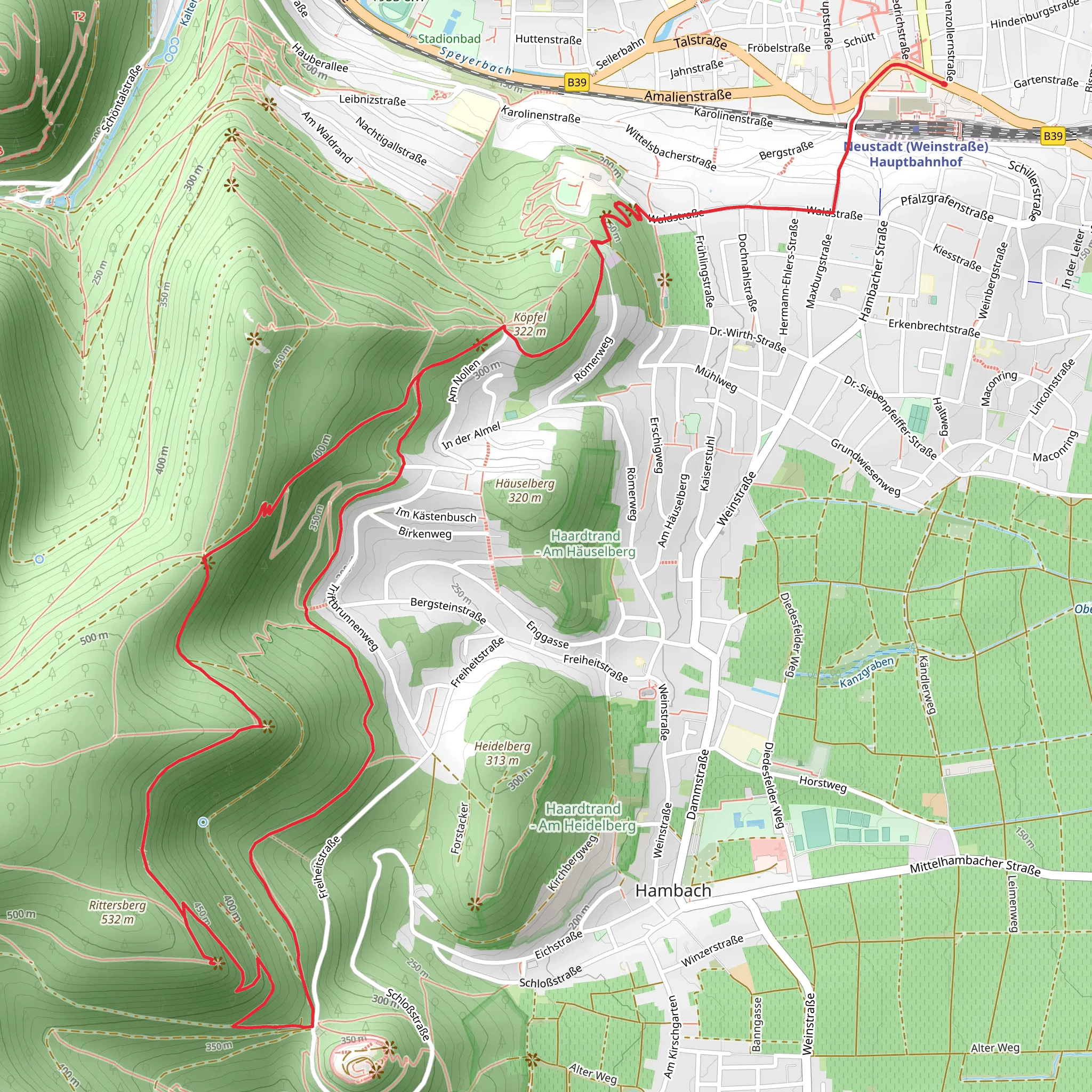 Conrad-Freytag-Weg and Bergstein bei Hambach Loop via Jakobsweg Speyer Metz mobile static map