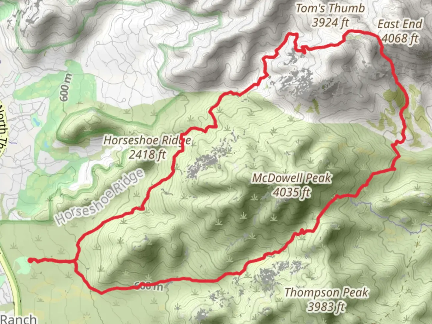 An image depicting the trail Bell Pass - East End - Tom's Thumb Loop Trail and its surrounding area.