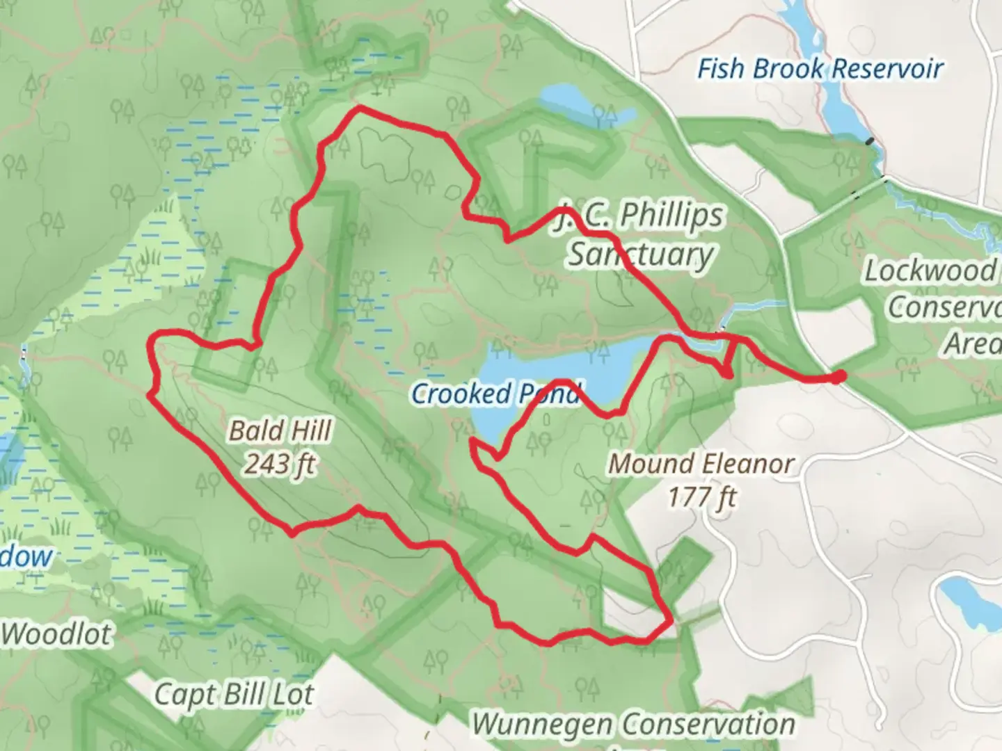 An image depicting the trail Bald Hill and Crooked Pond Loop and its surrounding area.