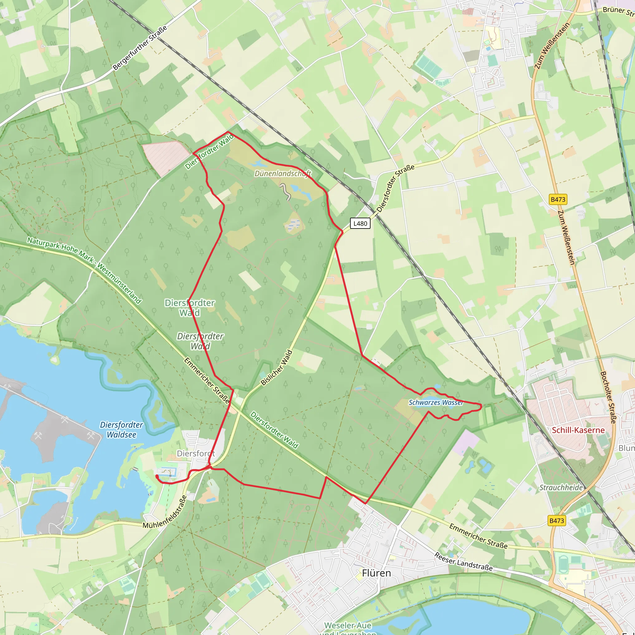 Feldlager M von Oranien, Schwarzes Wasser and Alte Eiche via Heuweg mobile static map
