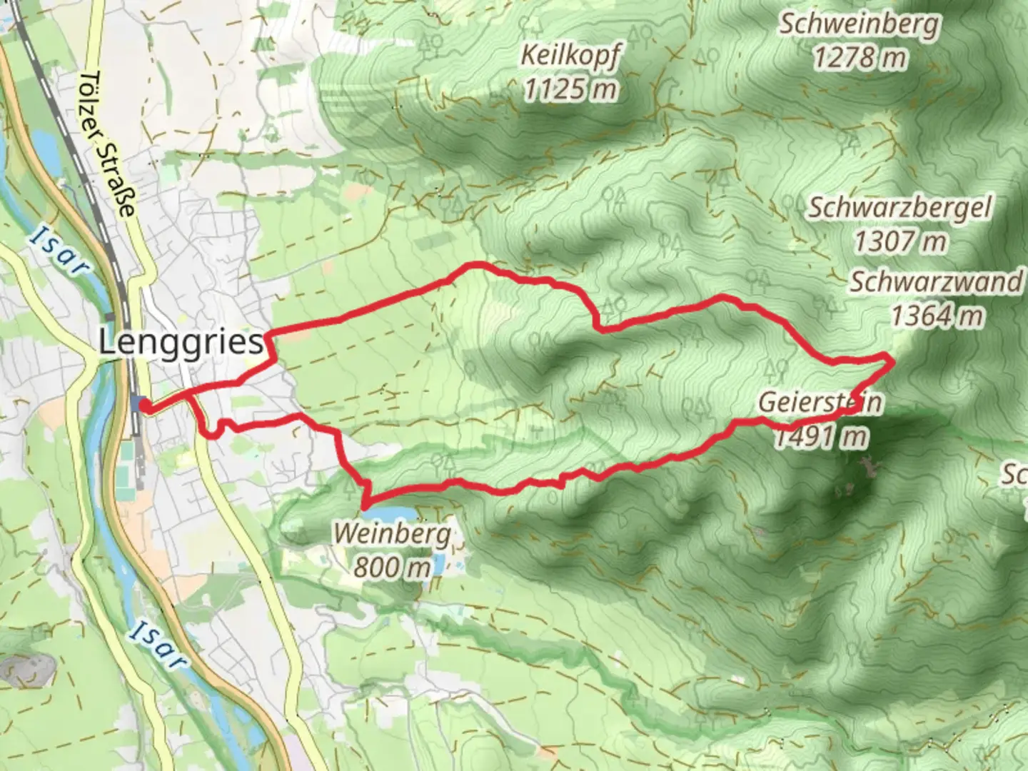 An image depicting the trail Geigerstein Peak Loop via Maximiliansweg - Lenggries and its surrounding area.