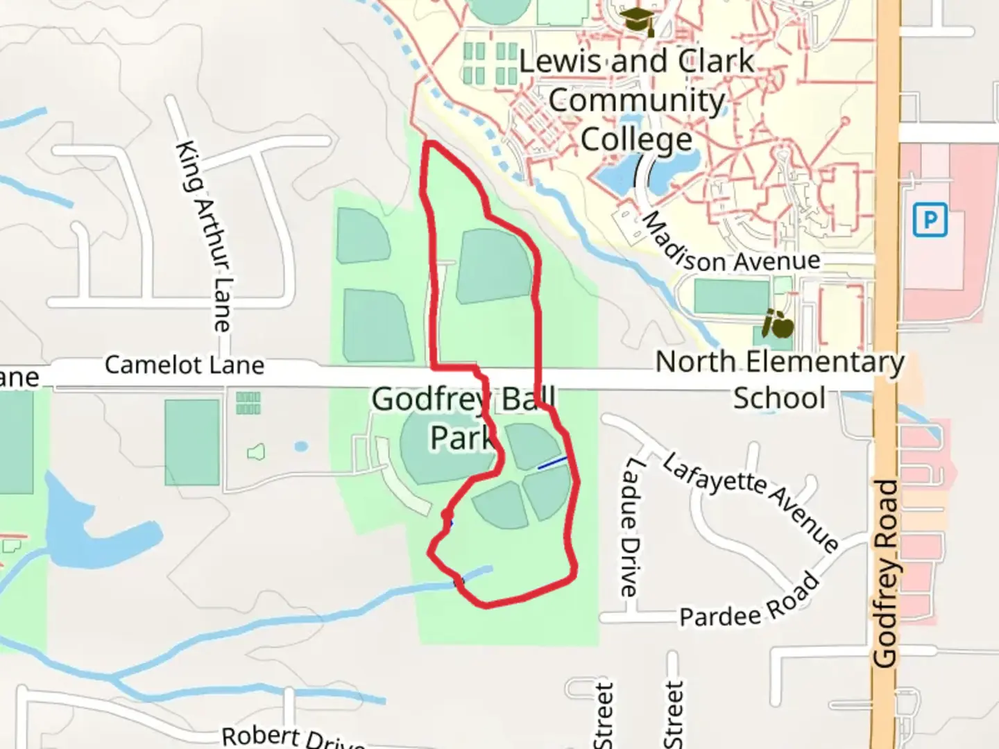 An image depicting the trail Godfrey Ball Park Loop and its surrounding area.