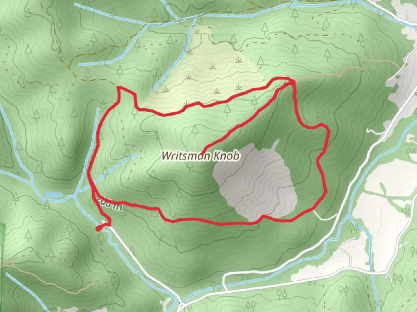 An image depicting the trail Writsman Knob Loop and its surrounding area.