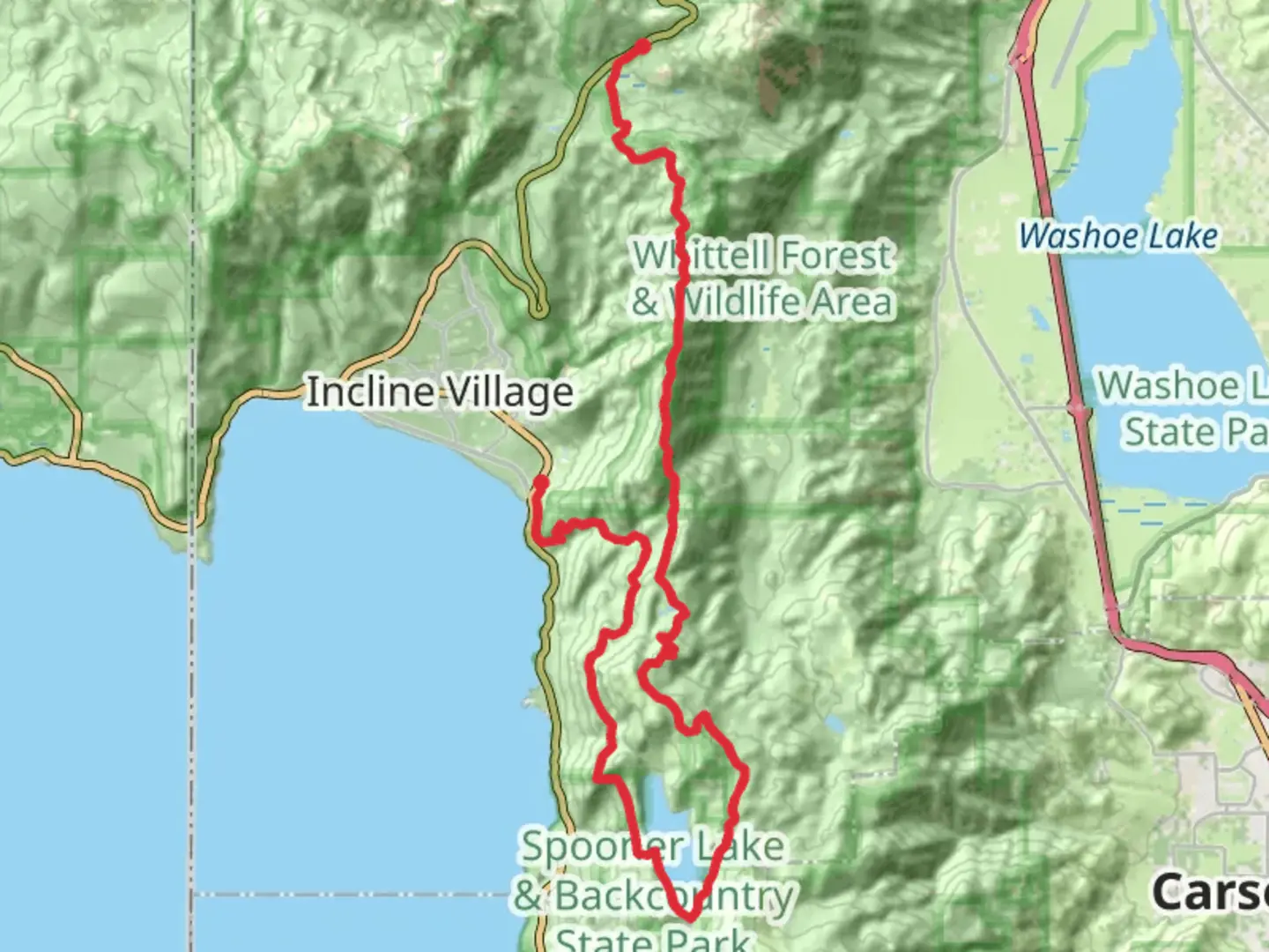 An image depicting the trail Tahoe Rim Trail and Marlette Lake and its surrounding area.