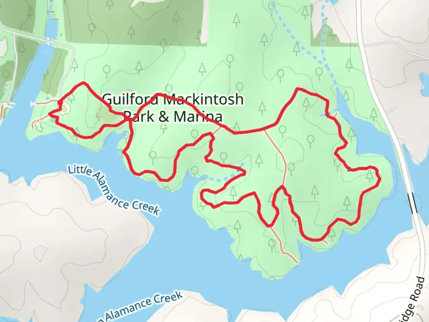 An image depicting the trail Guilford Mackintosh Park and Marina Loop and its surrounding area.