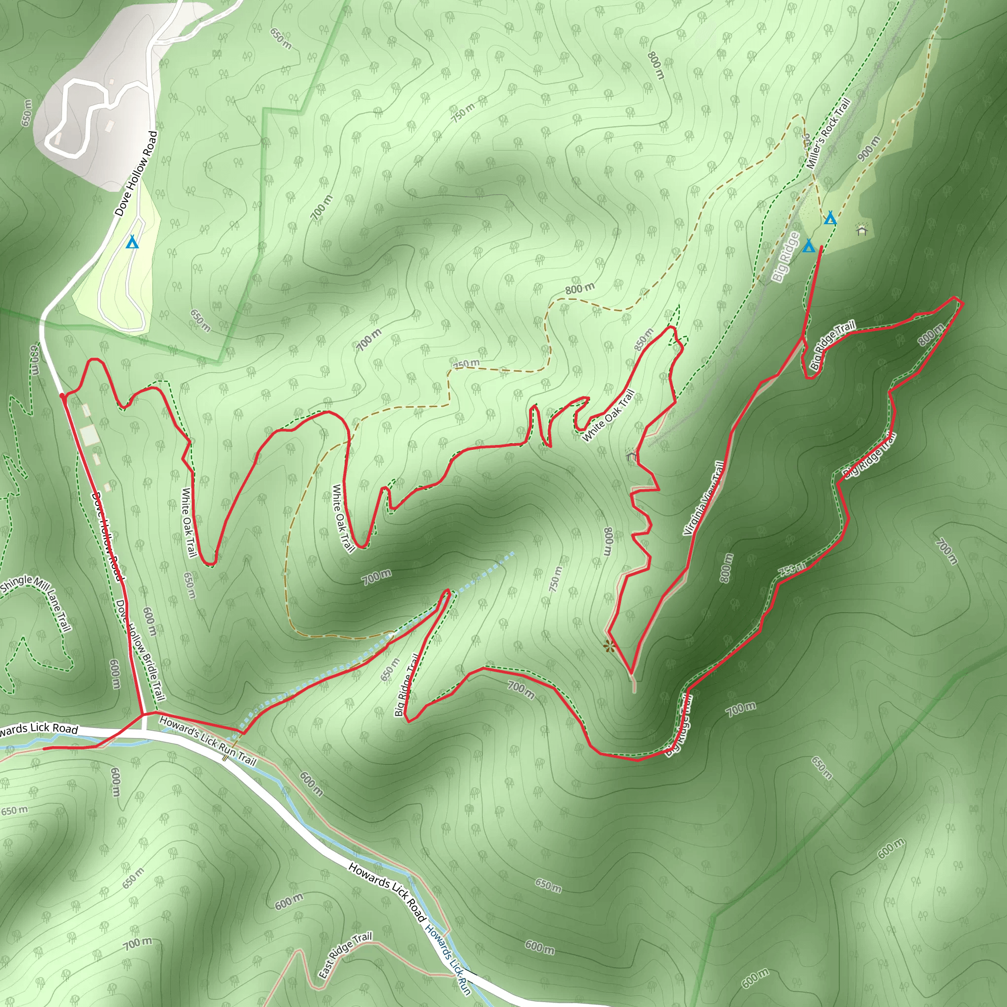 White Oak Trail, Miller's Rock Trail and Virginia View Loop Trail mobile static map