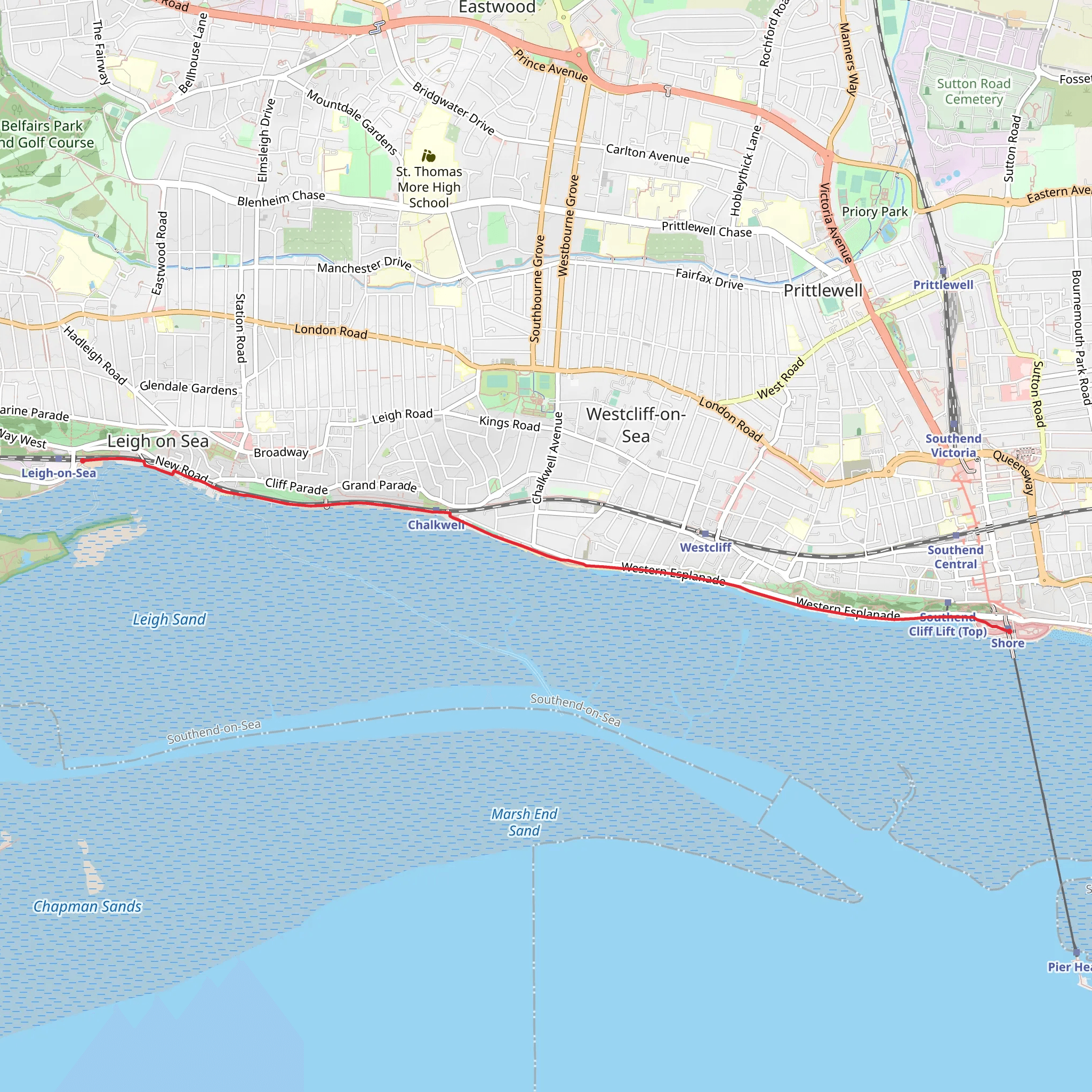 Southend to Leigh on Sea mobile static map