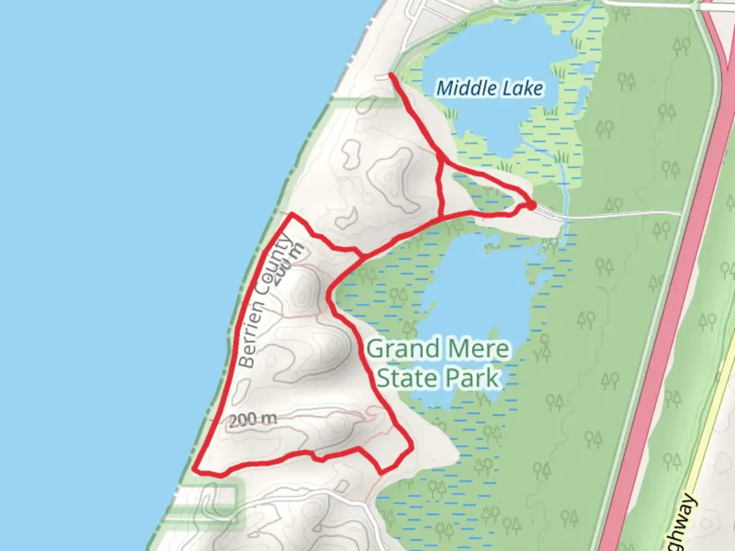 An image depicting the trail Waverland Beach Loop from Grand Mere Lakes and its surrounding area.