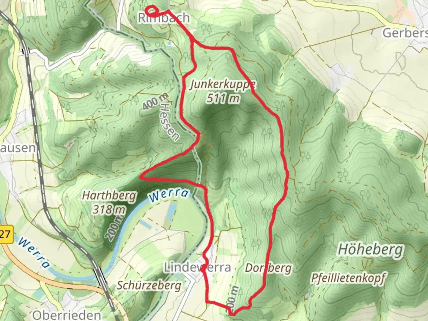 An image depicting the trail Dorfberg, Hanstein Castle and Lindewerrablick Loop and its surrounding area.