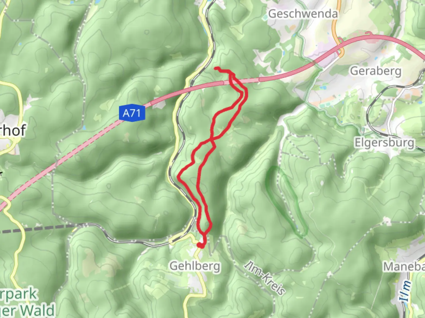 An image depicting the trail Steiniger Hügel via Dursch's Tal der Zahmen Gera and Bergpfad Gehlberg and its surrounding area.