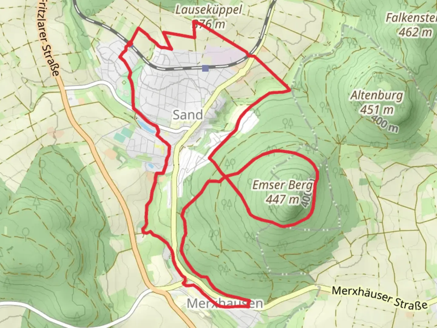 An image depicting the trail Emser Berg Loop via Bad Emstal and its surrounding area.