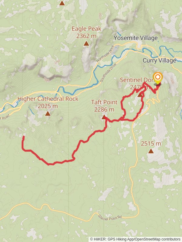 Taft Point, Dewey Point and Sentinel Dome via Pohono Trail mobile static map