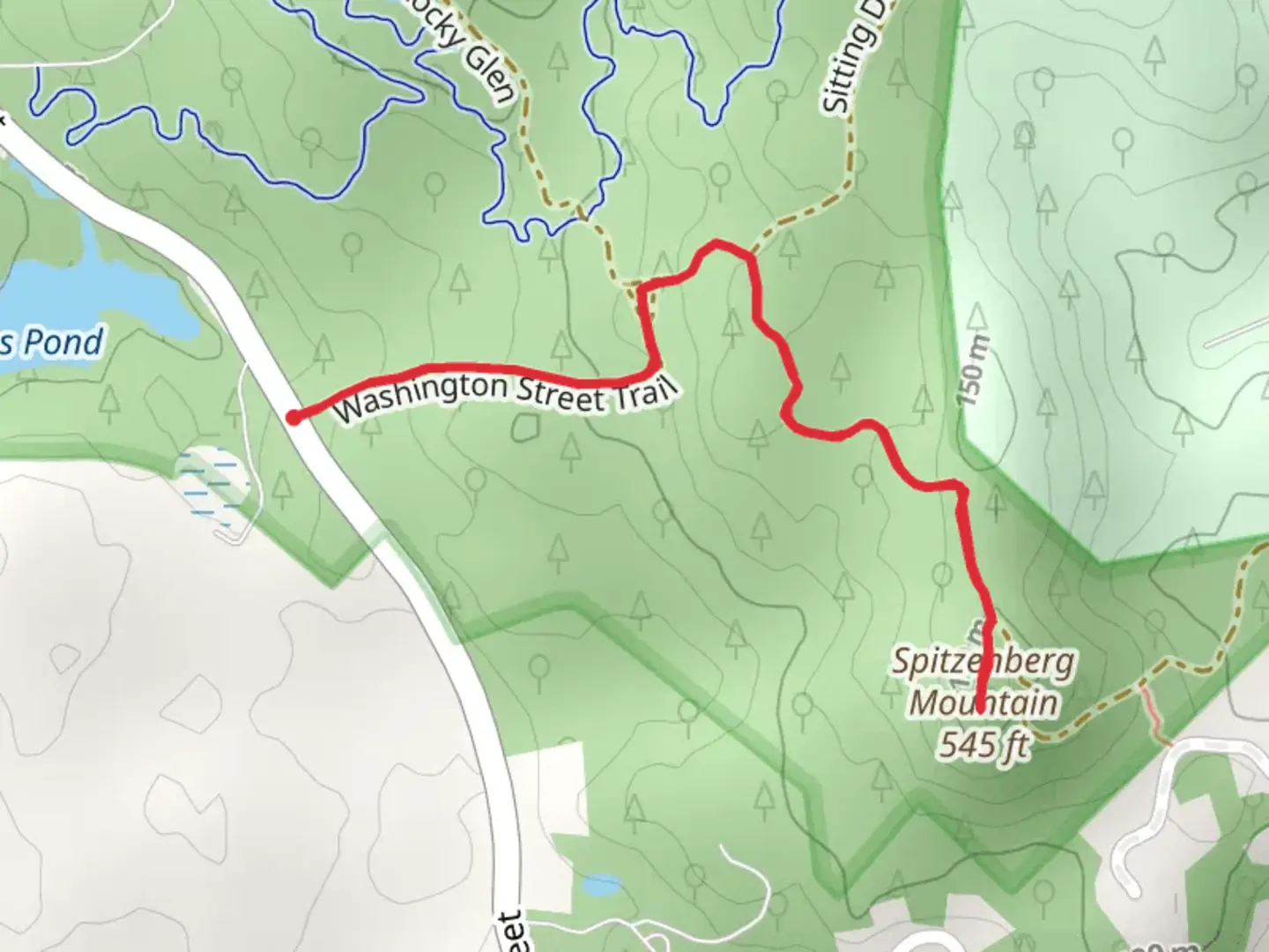 An image depicting the trail Spitzenberg Mountain via Washington Street Trail and its surrounding area.
