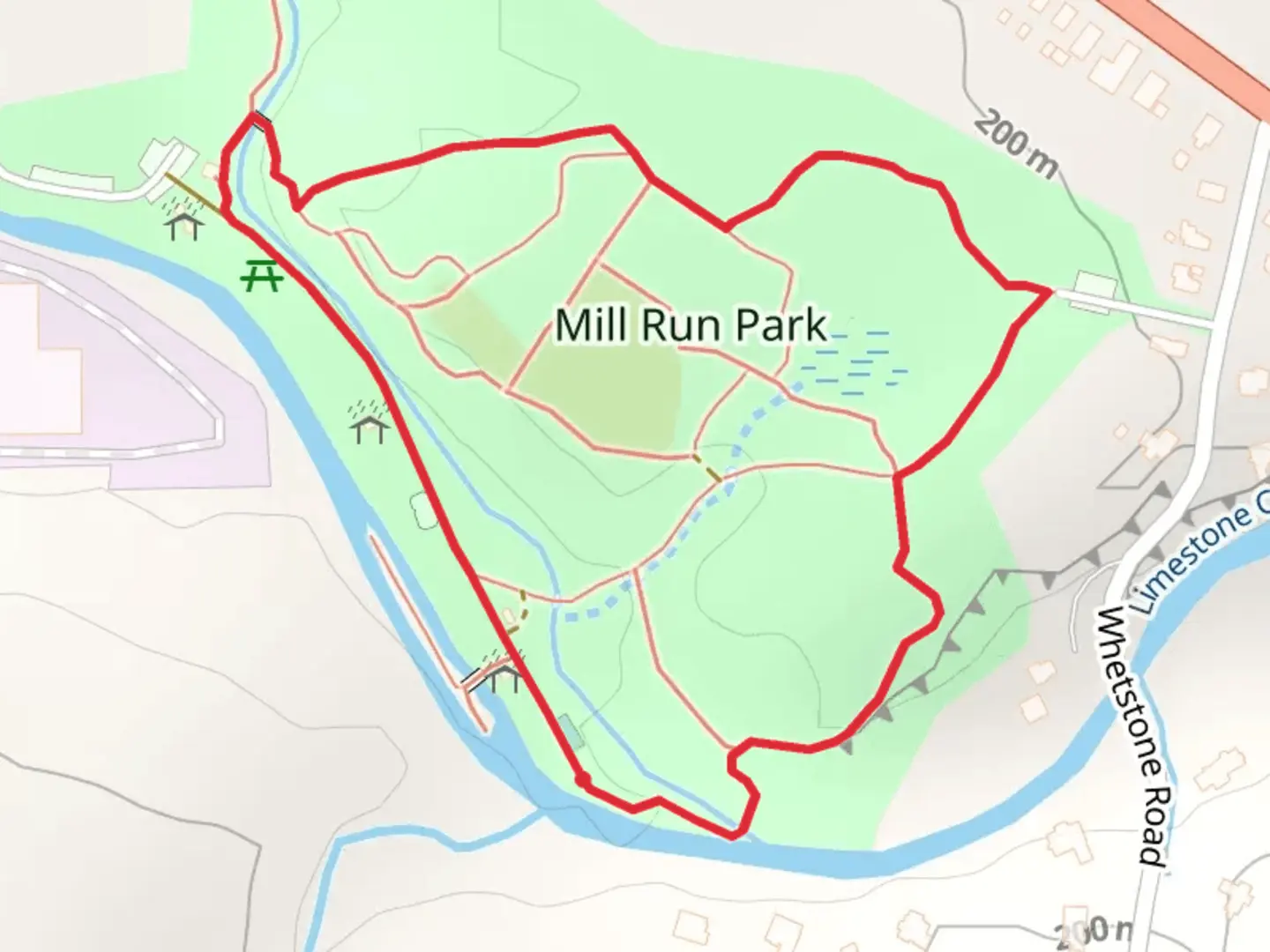 An image depicting the trail Mill Run Park Loop and its surrounding area.