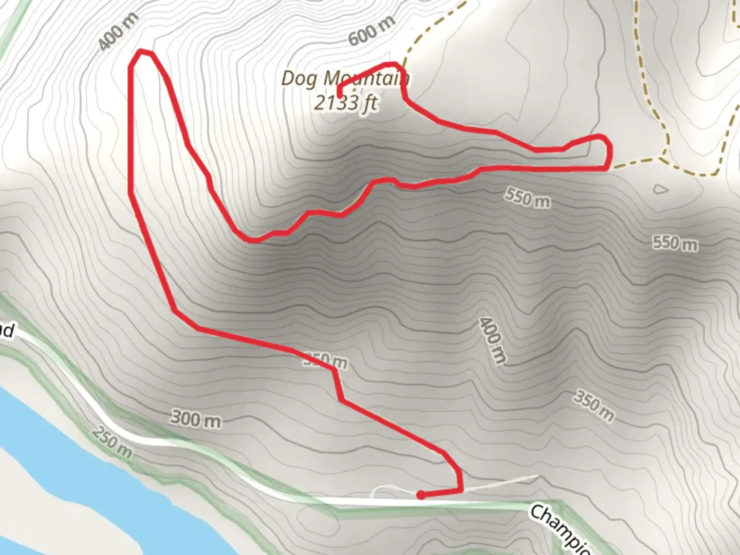 An image depicting the trail Dog Mountain Out and Back and its surrounding area.