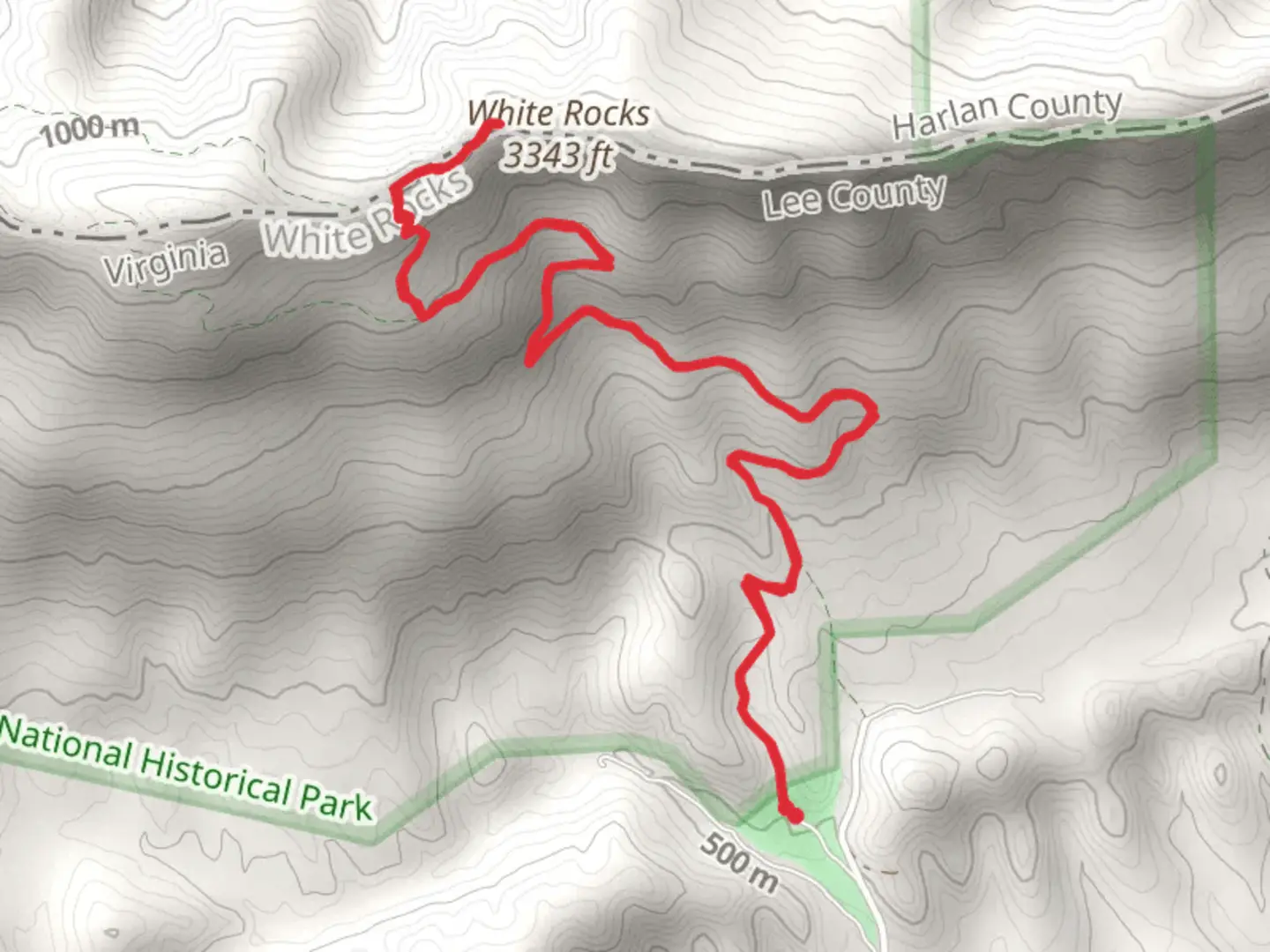 An image depicting the trail White Rocks via Ewing Trail and its surrounding area.