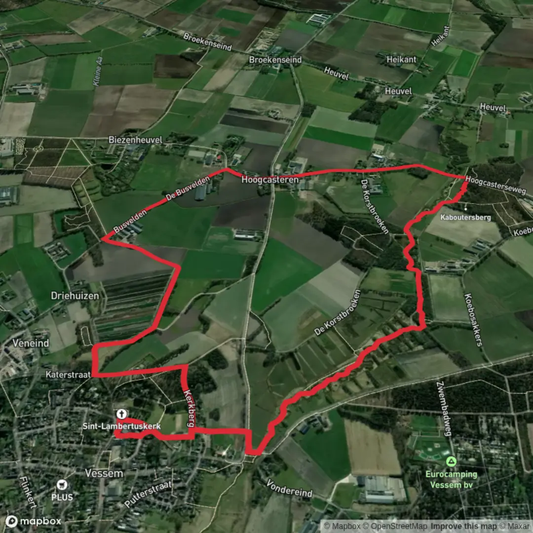 An image depicting the trail Koesbosch, Hoogeloons and Driehuizen Loop and its surrounding area.