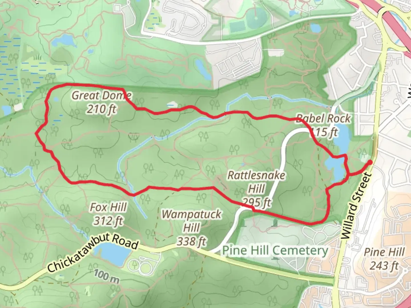 An image depicting the trail Rattlesnake Hill and Little Dome Loop via Sawcut Notch Path and its surrounding area.