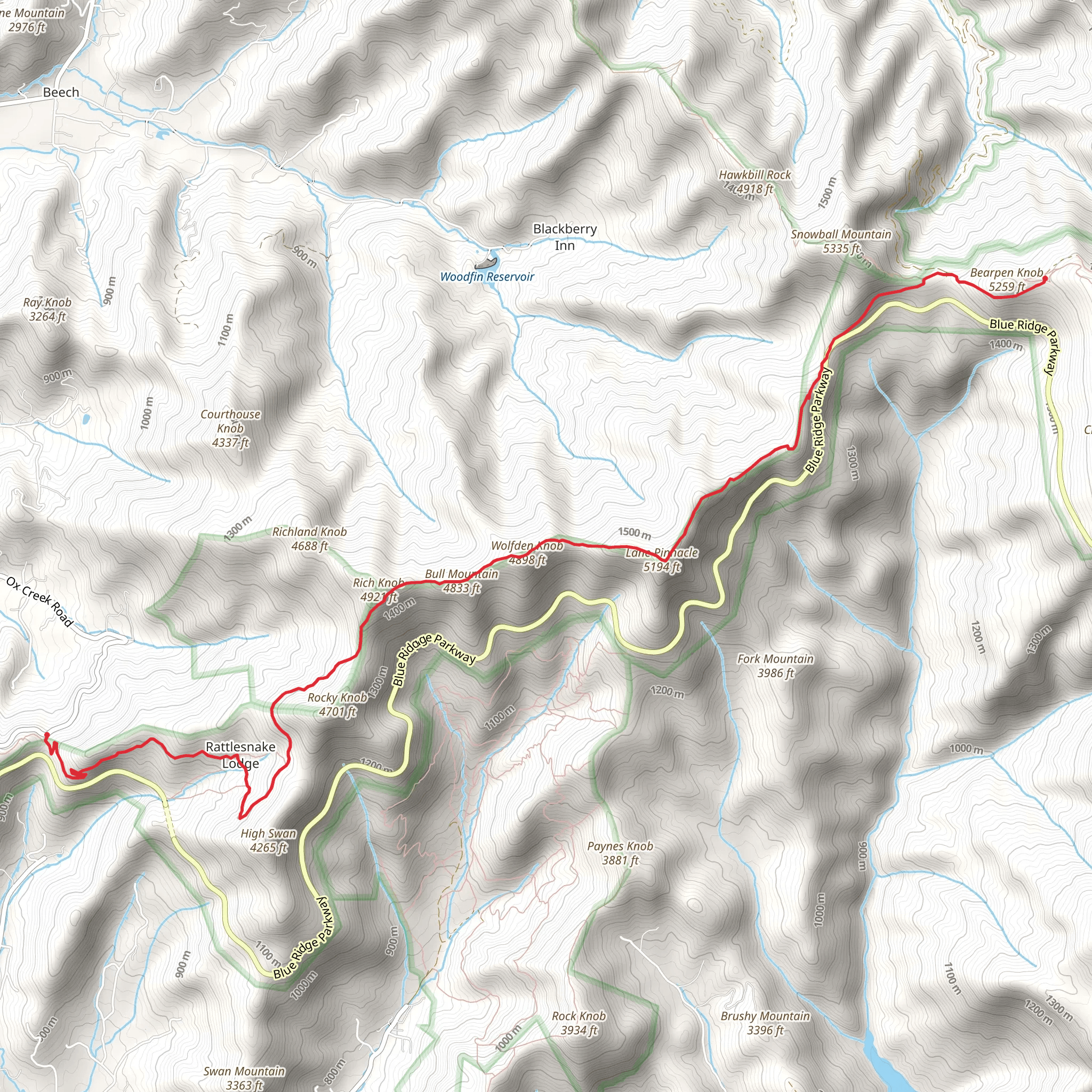 Lane Pinnacle and Rattlesnake Lodge via Mountain to Sea Trail mobile static map