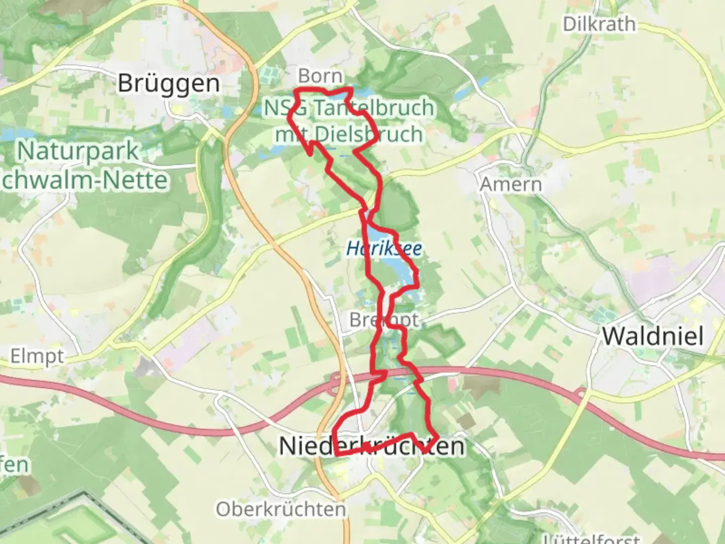 An image depicting the trail NSG Raderveekes und Luttelforster Bruch and Brempt Loop and its surrounding area.