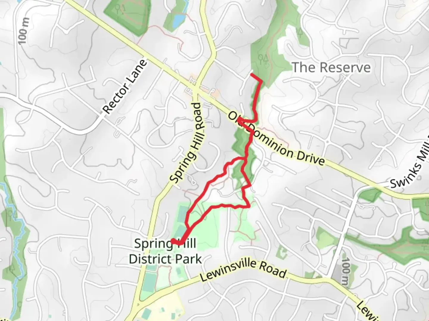 An image depicting the trail Spring Hill District Park and Valley Trail and its surrounding area.
