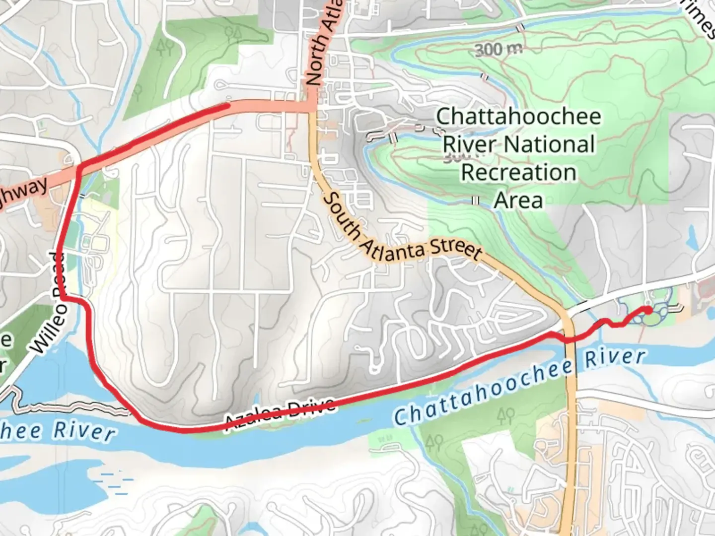 An image depicting the trail Rosewell Riverwalk and Marietta Highway Trail and its surrounding area.