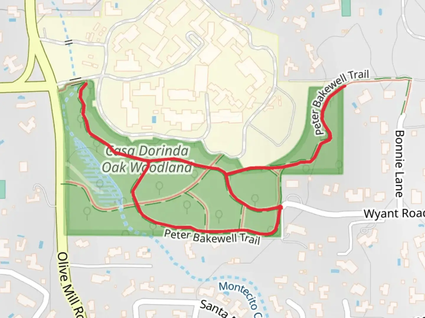 An image depicting the trail Casa Dorinda Oak Woodland Loop and its surrounding area.