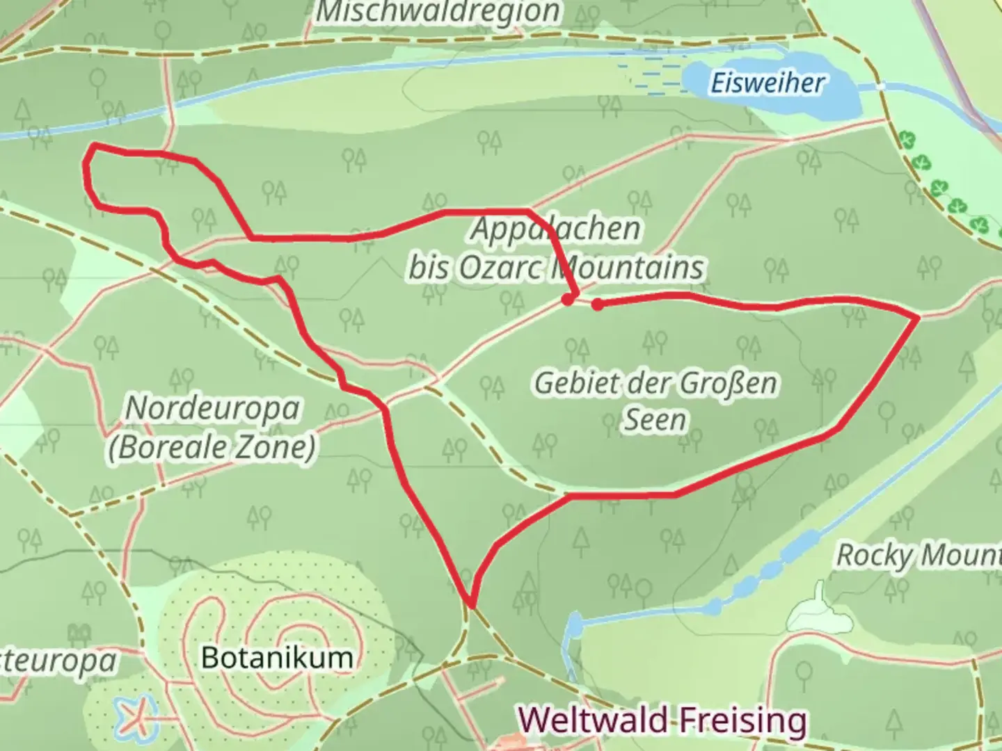 An image depicting the trail Appalachen bis Ozarc Mountains and Gebiet der Großen Seen Loop via Themenpfad and its surrounding area.