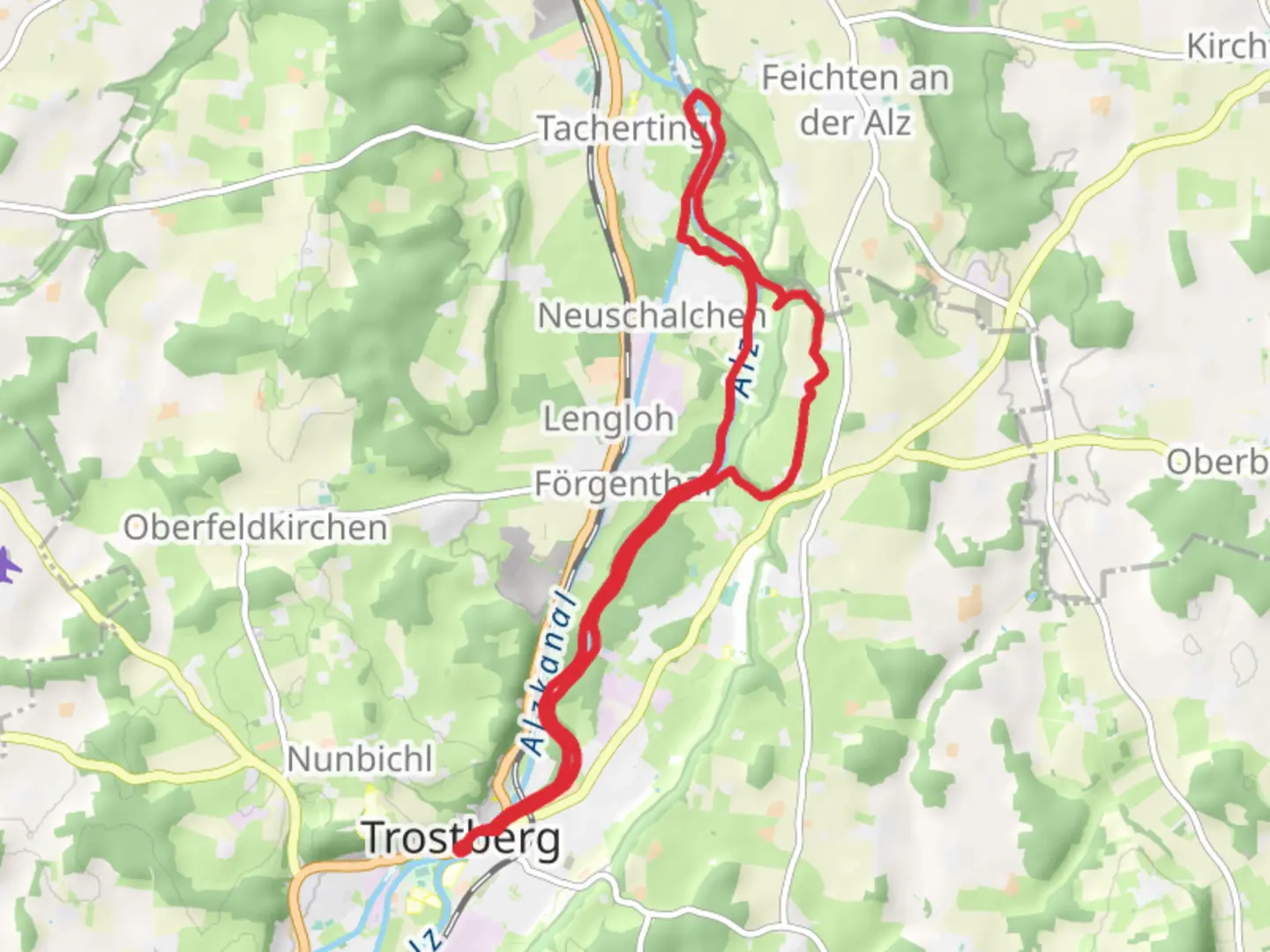 An image depicting the trail Trostberg to Tacherting Loop via Alz and its surrounding area.