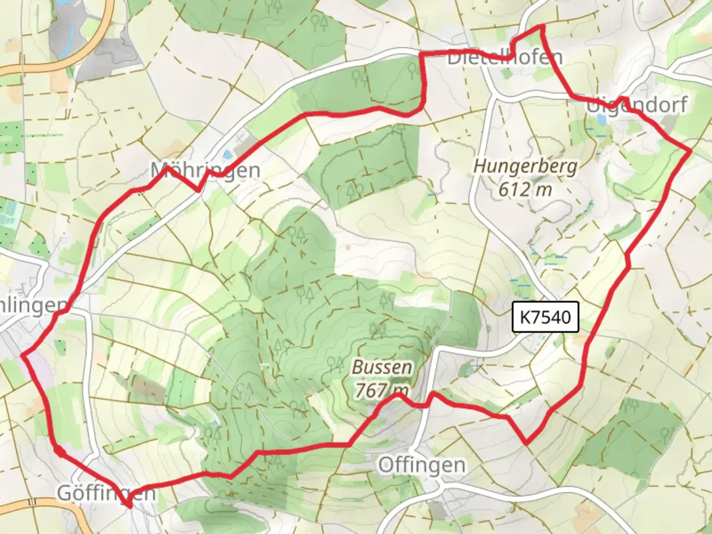 An image depicting the trail Wanderweg um den Bussen and its surrounding area.