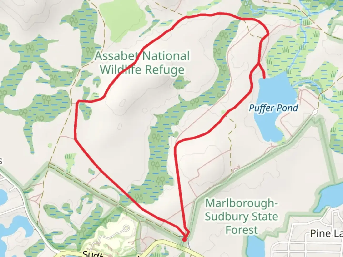 An image depicting the trail Puffer Pond and Towhee Trail and its surrounding area.