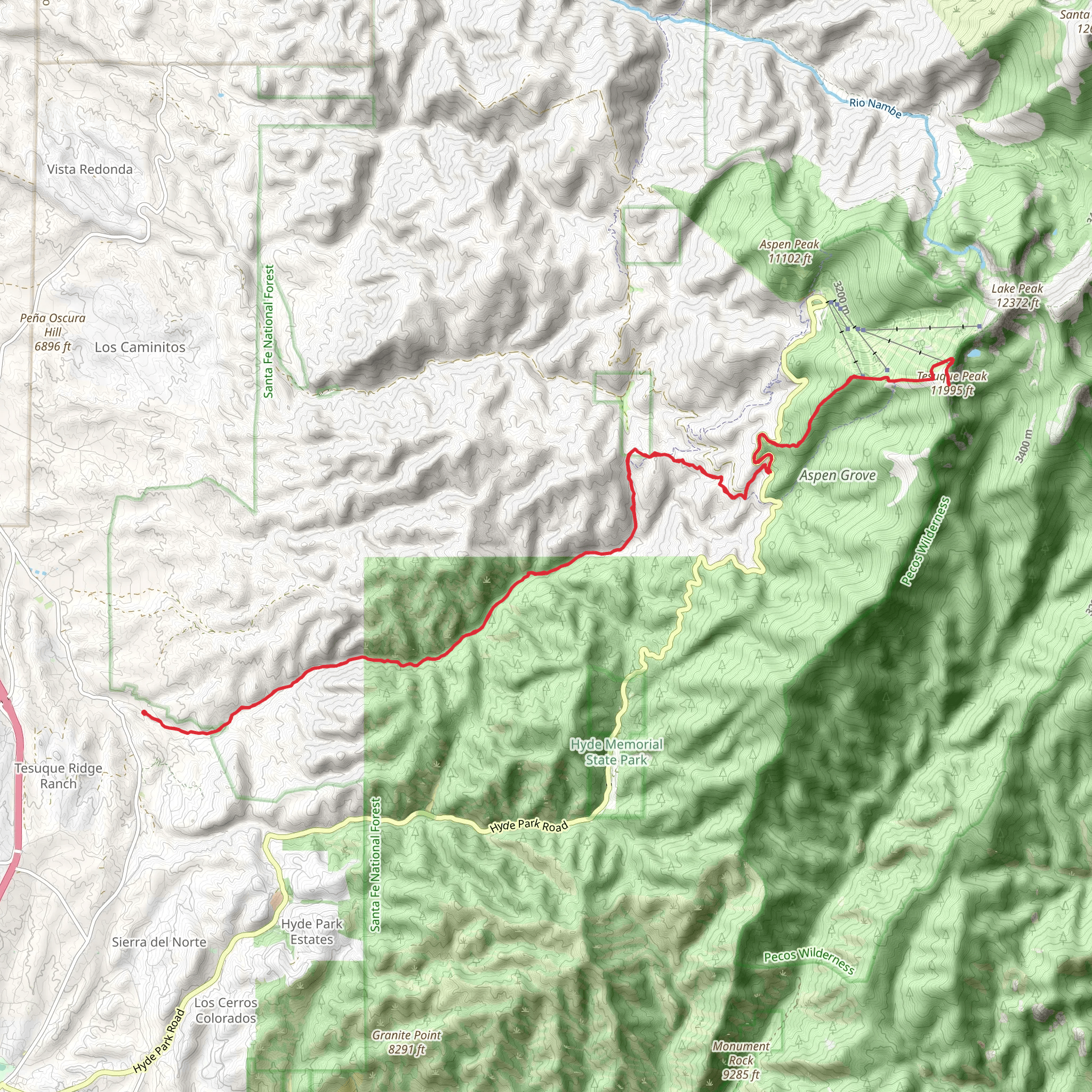 Aspen Grove and Tesuque Peak via Alamos Vista mobile static map