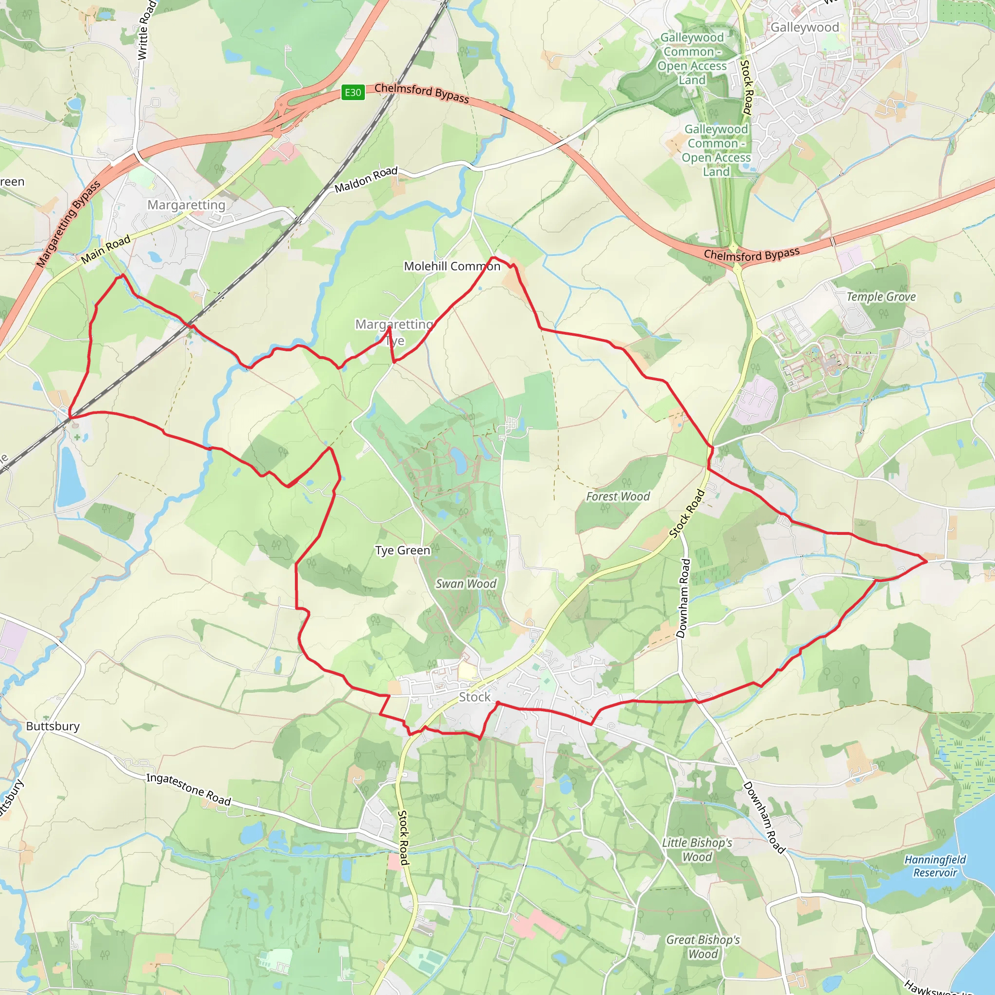 Stock to Margaretting Tye Loop mobile static map