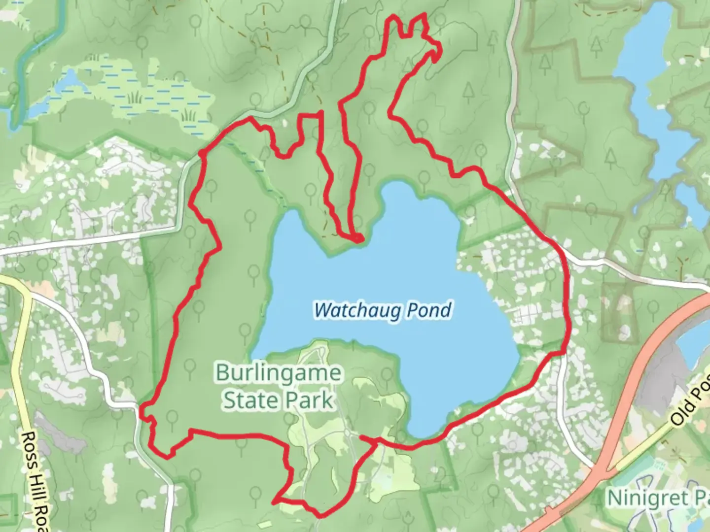 An image depicting the trail Watchaug Pond Loop from Buckeye Brook Road and its surrounding area.